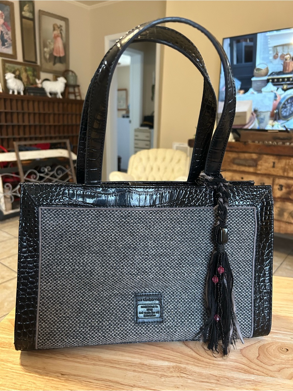 Vintage Liz Claiborne Y2K Structured Tote Bag Black Faux Croc & Gray Tapestry